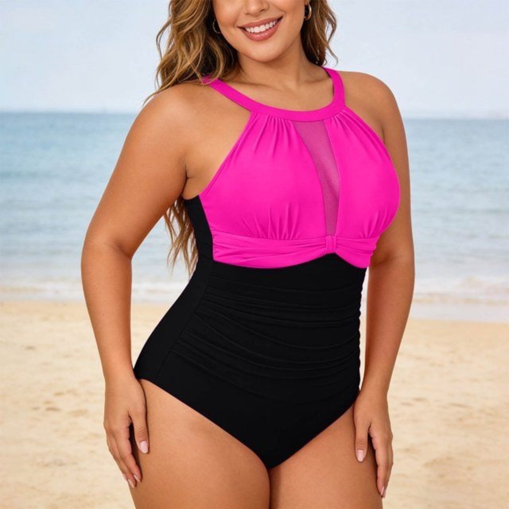 Tempt Me Women High Neck Mesh One Piece Tummy Control Swimsuit Pink Black XL New